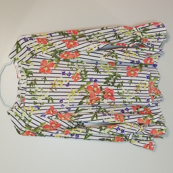 Rose & Olive Floral Stripe Long Ruffled Sleeve Blouse XS - Picture 1 of 6